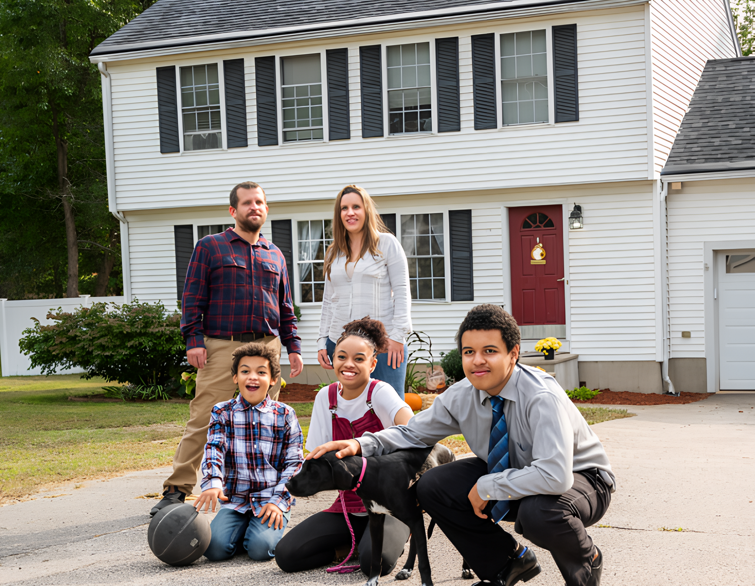 Five people and a black dog pose for a photo in the driveway of a two-story suburban house; a basketball sits on the ground nearby.