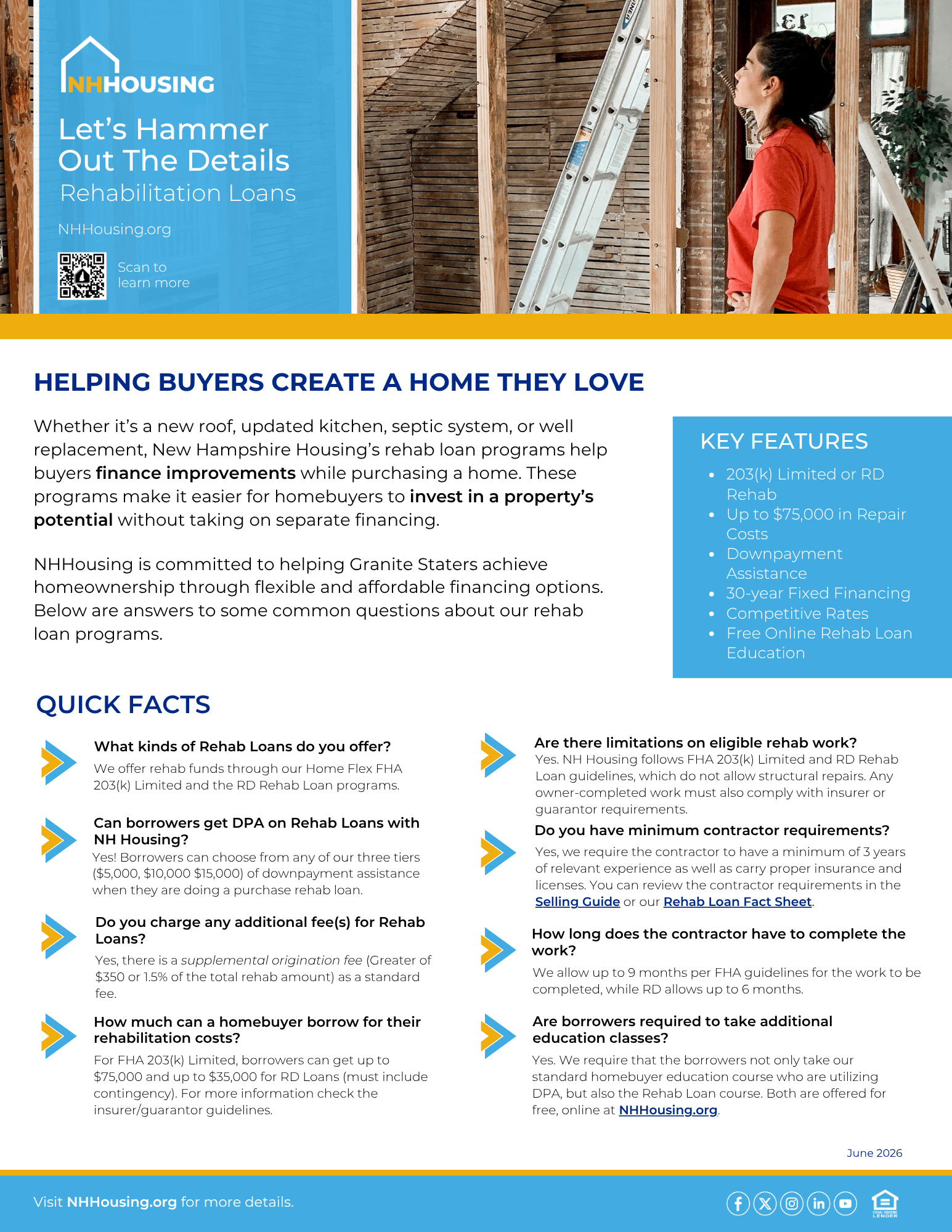Flyer for New Hampshire Housing’s rehab loan program, outlining loan details, eligibility, and benefits, with a photo of a smiling person holding a hammer wearing a tool belt and blue T-shirt.
