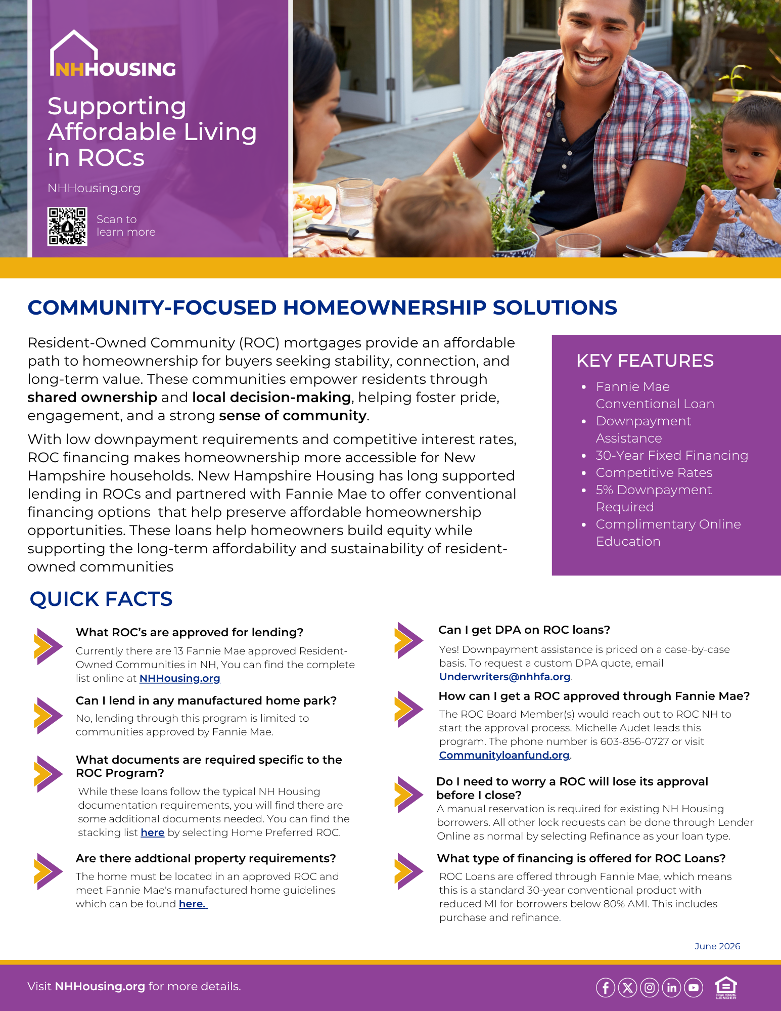Flyer promoting affordable, resident-owned manufactured home communities in New Hampshire, with program details, FAQs, contact info, and images of smiling people in front of homes.