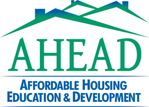AHEAD logo with green stylized rooftops and blue text reading "AFFORDABLE HOUSING EDUCATION & DEVELOPMENT.