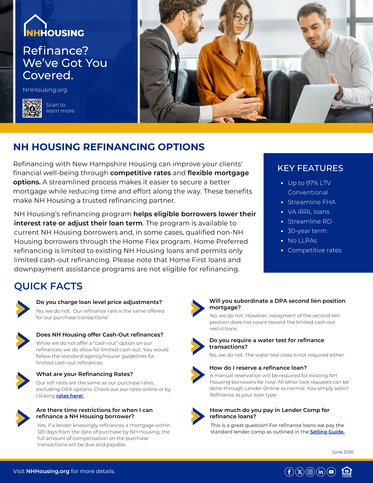 A flyer from New Hampshire Housing explains refinancing options, listing benefits, frequently asked questions, and contact details for homeowners seeking affordable refinancing.