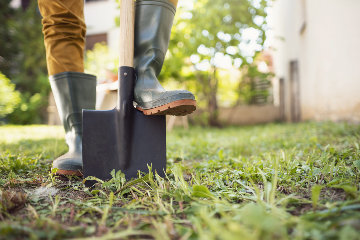 Person wearing green rubber boots uses a shovel to dig into soil in a grassy backyard or garden area.