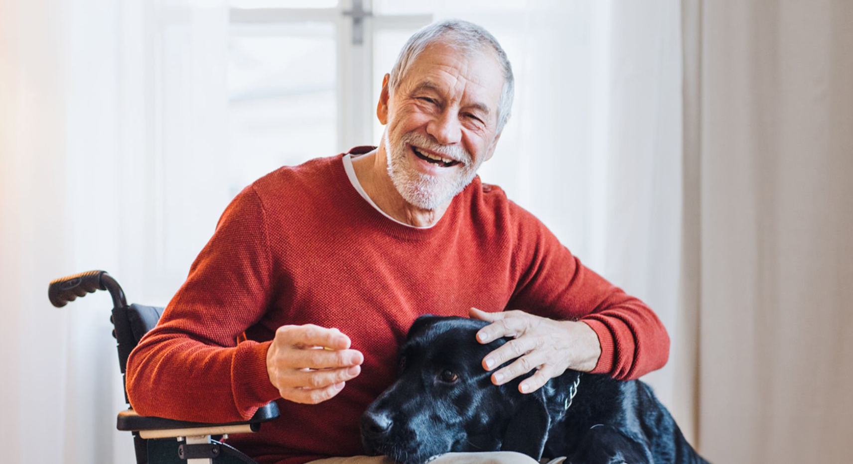 An older man in a wheelchair, wearing a red sweater, smiles while petting a black dog indoors near a bright window.