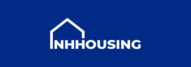 White outline of a house and the text "NH HOUSING" in bold white letters on a solid blue background.