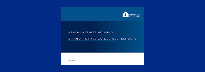 Cover page of the "New Hampshire Housing Brand + Style Guidelines: Lenders" document, featuring the organization’s logo and July 2020 date on a blue background.