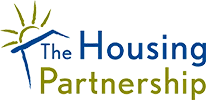 Logo for The Housing Partnership, featuring a blue house roof outline with a sun and the words “The Housing Partnership” in blue and green text.