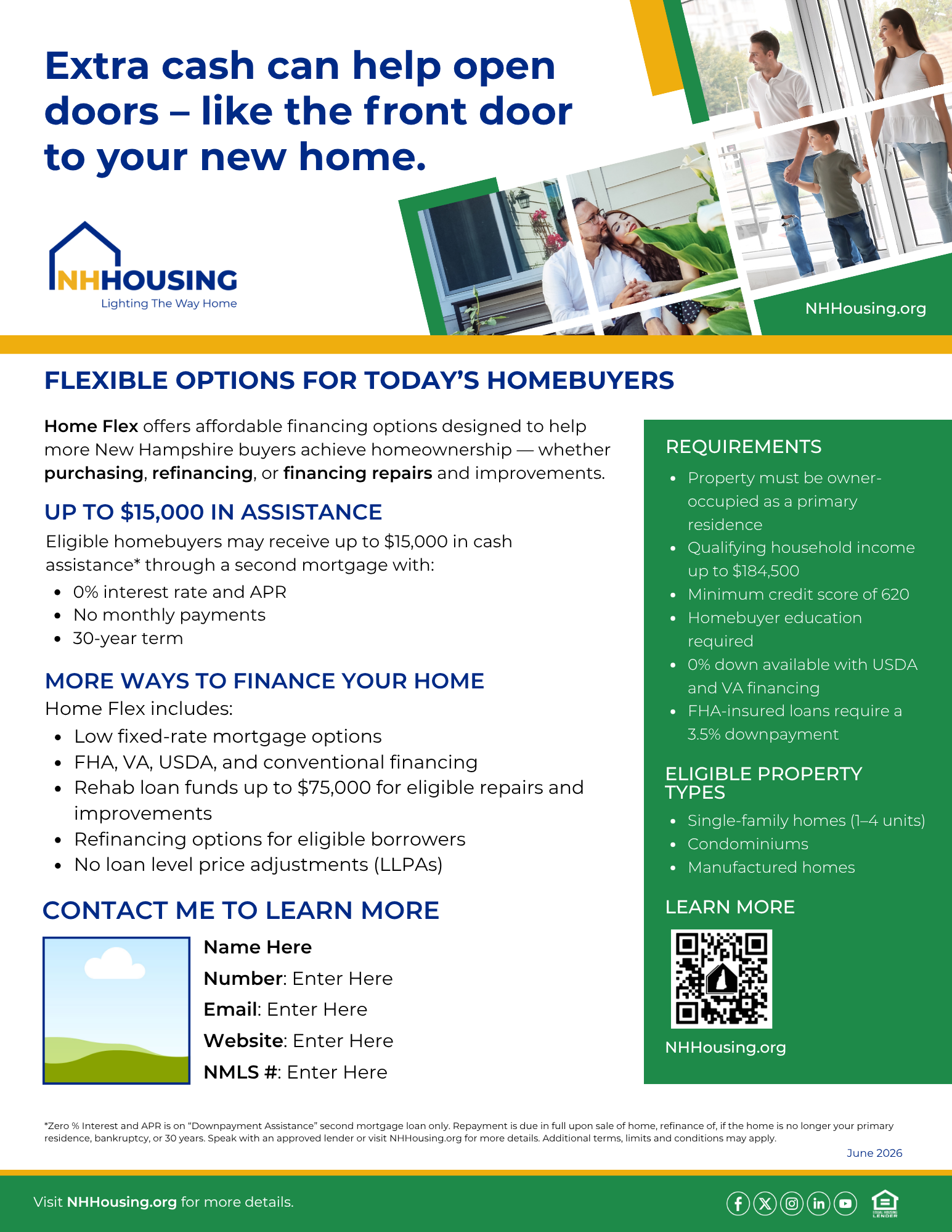 Informational flyer from NH Housing explains flexible financing options for new homebuyers, featuring loan benefits, eligibility, and contact information.