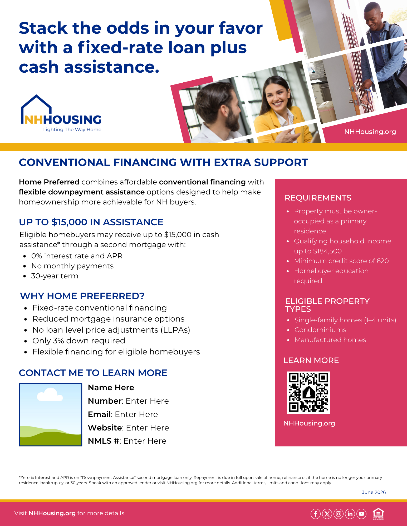 Flyer for NH Housing's Home Preferred program offers up to $15,000 in downpayment assistance with fixed-rate loans for eligible first-time homebuyers; contact info and eligibility details included.