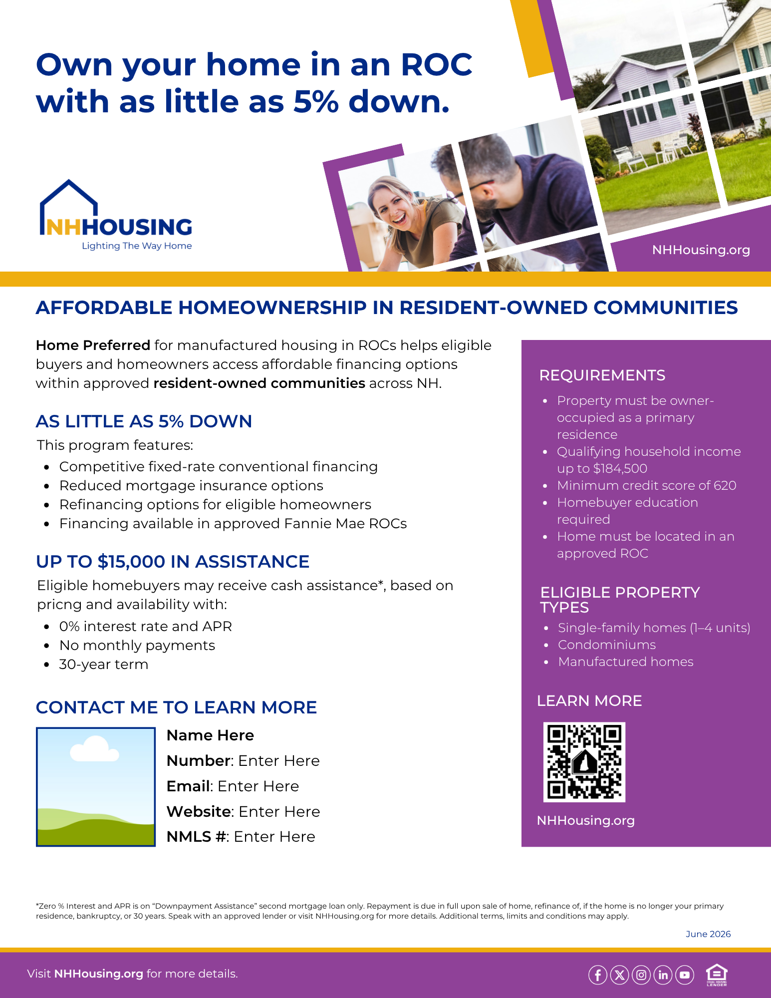 Flyer detailing affordable homeownership options through NH Housing for resident-owned communities, including benefits, eligibility criteria, and contact information.