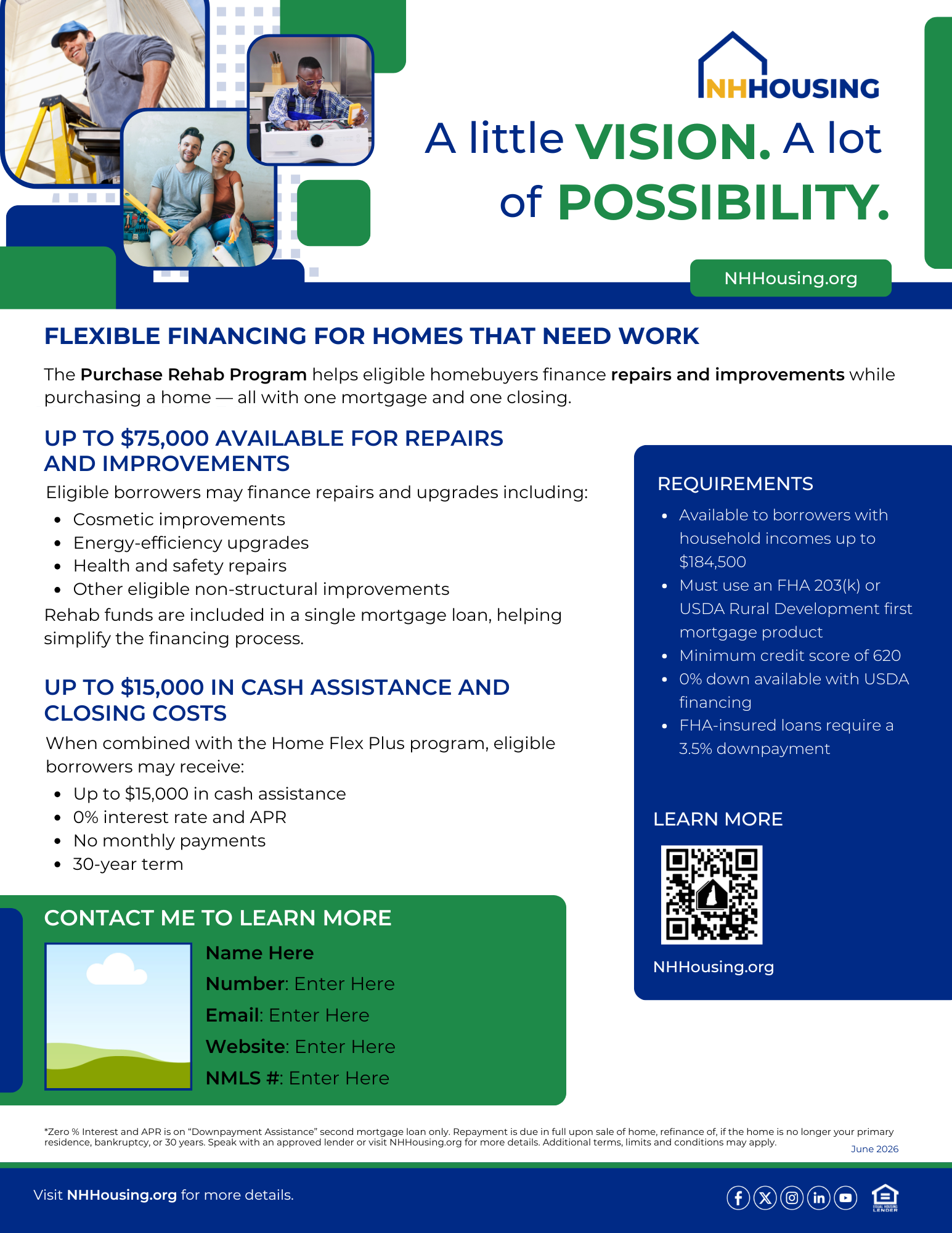 Flyer for NHHousing’s Purchase Rehab Program offering financing for home repairs and upgrades, with details on eligibility, benefits, and contact information.
