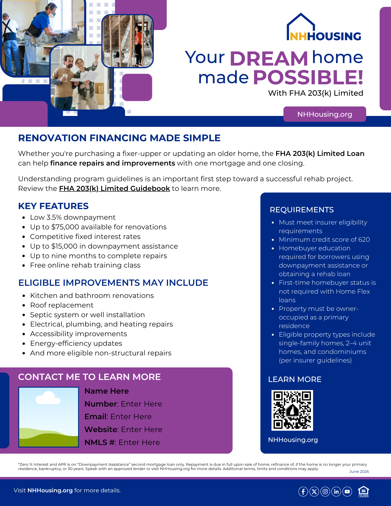 Flyer for NH Housing’s FHA 203(k) Limited Loan detailing features, eligible improvements, and contact information for financing home repairs and improvements. Blue and white design with text boxes.