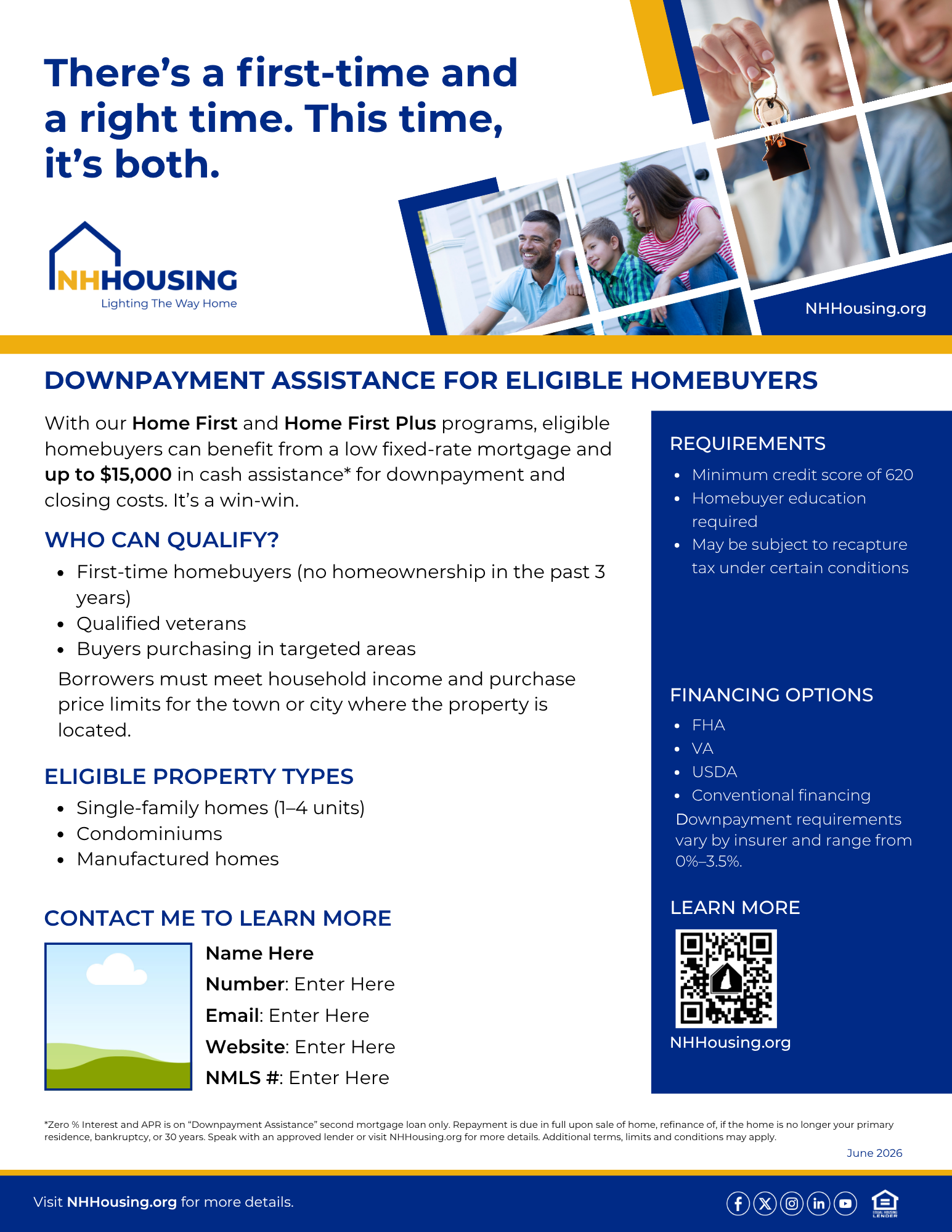 Flyer for NH Housing outlining downpayment assistance for eligible homebuyers, with eligibility criteria, requirements, financing options, and contact information. Blue and yellow color scheme.