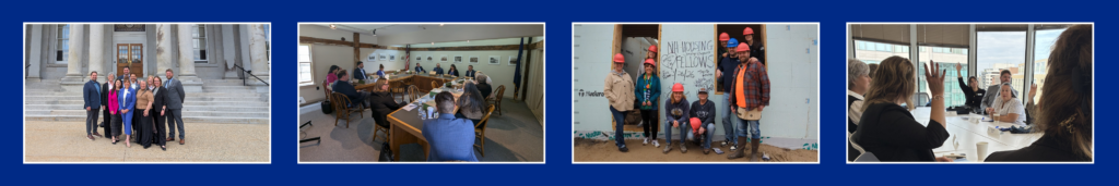 A collage of four photos shows people posing on stairs, attending a meeting, construction workers at a site, and individuals participating in a discussion by windows.