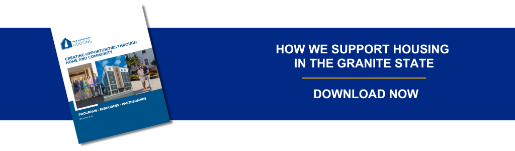 A brochure about supporting housing in New Hampshire is displayed next to text that reads, "How we support housing in the Granite State. Download now.