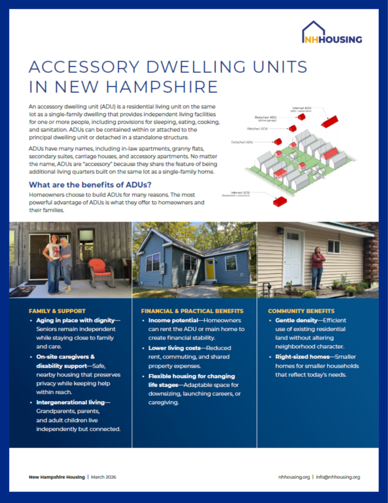 Informational poster about Accessory Dwelling Units in New Hampshire, featuring text about benefits, images of small homes, and a diagram showing ADU placement next to a main house.