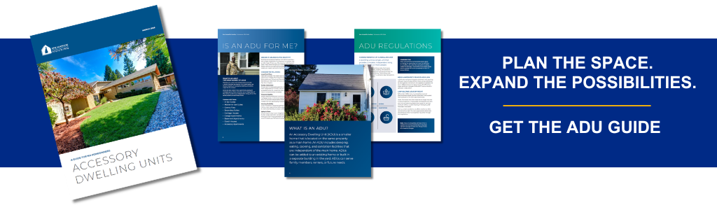 A promotional banner displays an ADU guide with images of booklets and a house, alongside the text: “Plan the space. Expand the possibilities. Get the ADU guide.”.