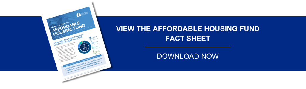 Flyer for the Affordable Housing Fund is displayed next to text reading "View the Affordable Housing Fund Fact Sheet. Download Now" on a blue background.