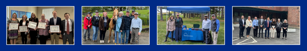 Four photos side-by-side show groups of people posing indoors and outdoors at various events, including an awards ceremony and a table display under a canopy.