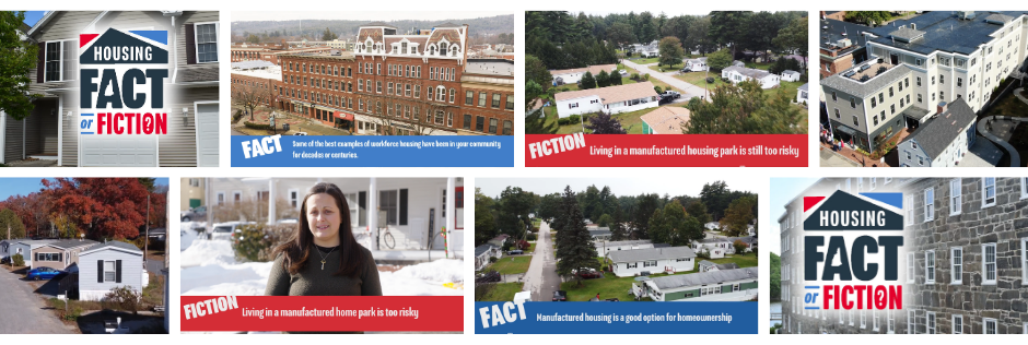 A collage of images showing houses, an apartment building, a mobile home park, and a woman, with labels reading "Housing Fact or Fiction" and fact or fiction statements about housing.