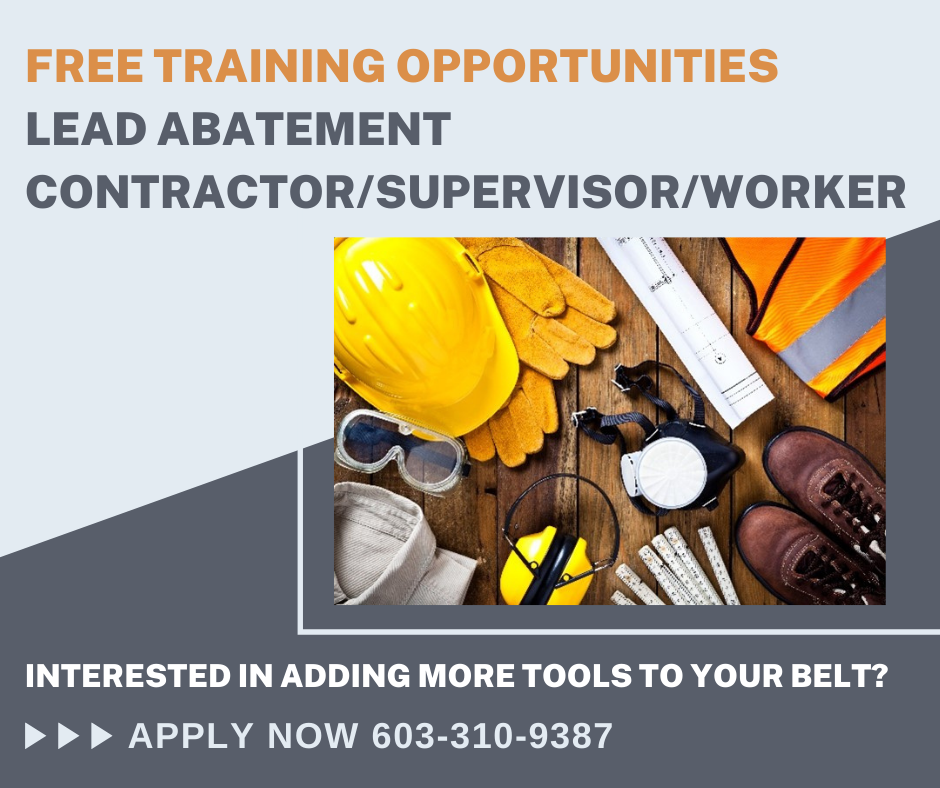 A promotional graphic for free lead abatement training, showing safety gear and tools, with a contact number to apply for contractor, supervisor, or worker positions.