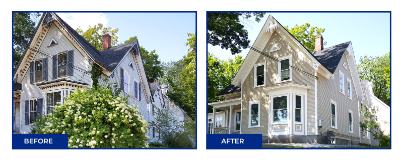 Side-by-side comparison of a house before and after renovation, showing exterior improvements and updated paint colors.