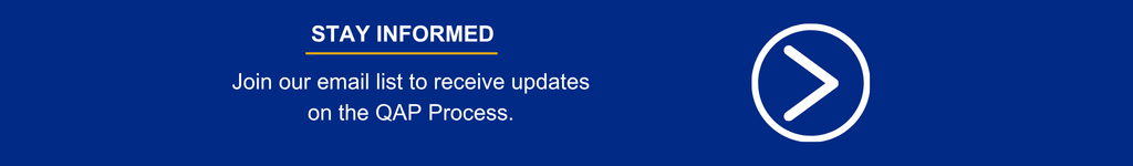 Blue banner with text: "STAY INFORMED. Join our email list to receive updates on the OAP Process." A white arrow icon appears on the right.