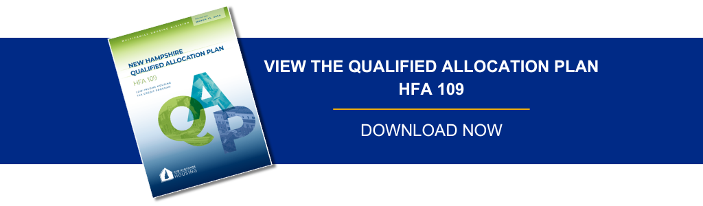 Image of a brochure titled "New Hampshire Qualified Allocation Plan HFA 109" with text: "View the Qualified Allocation Plan HFA 109. Download now.