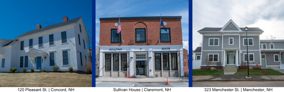 Three buildings in New Hampshire: a white house at 120 Pleasant St, Concord; the brick Sullivan House in Claremont; and a gray house at 323 Manchester St, Manchester.