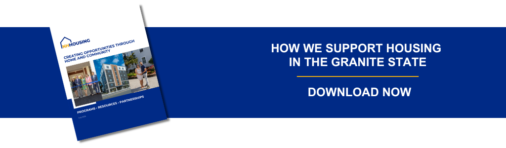 Brochure titled "Creating Opportunities Through Home and Community" next to text reading "How We Support Housing in the Granite State. Download Now" on a blue background.