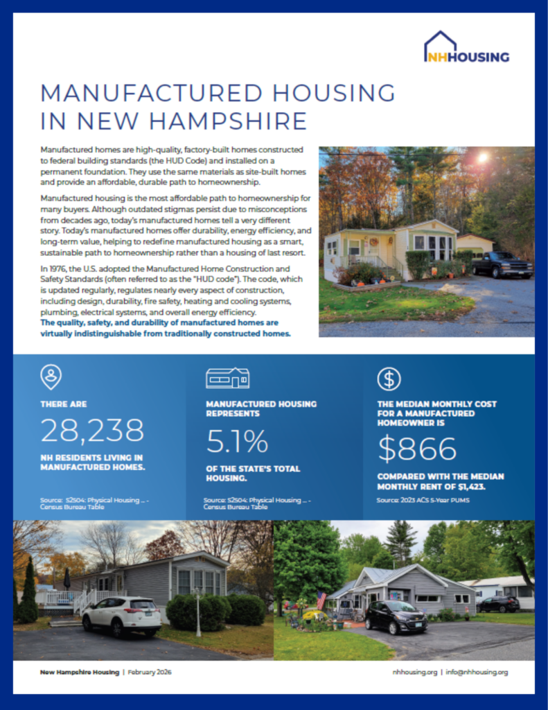 Infographic on manufactured housing in New Hampshire, featuring statistics, a house diagram, and exterior photos of manufactured homes. Blue and yellow color scheme with NH Housing branding.