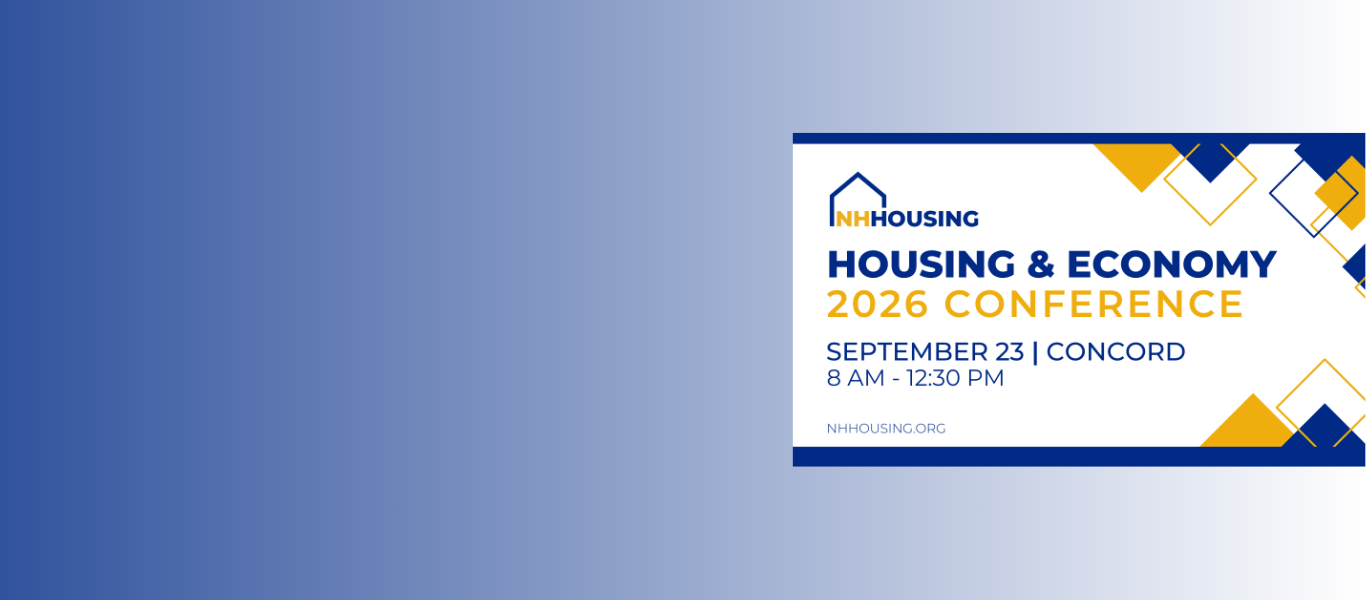 A graphic for the NH Housing & Economy 2026 Conference on September 23 in Concord, from 8 AM to 12:30 PM, featuring geometric shapes and the NH Housing logo.
