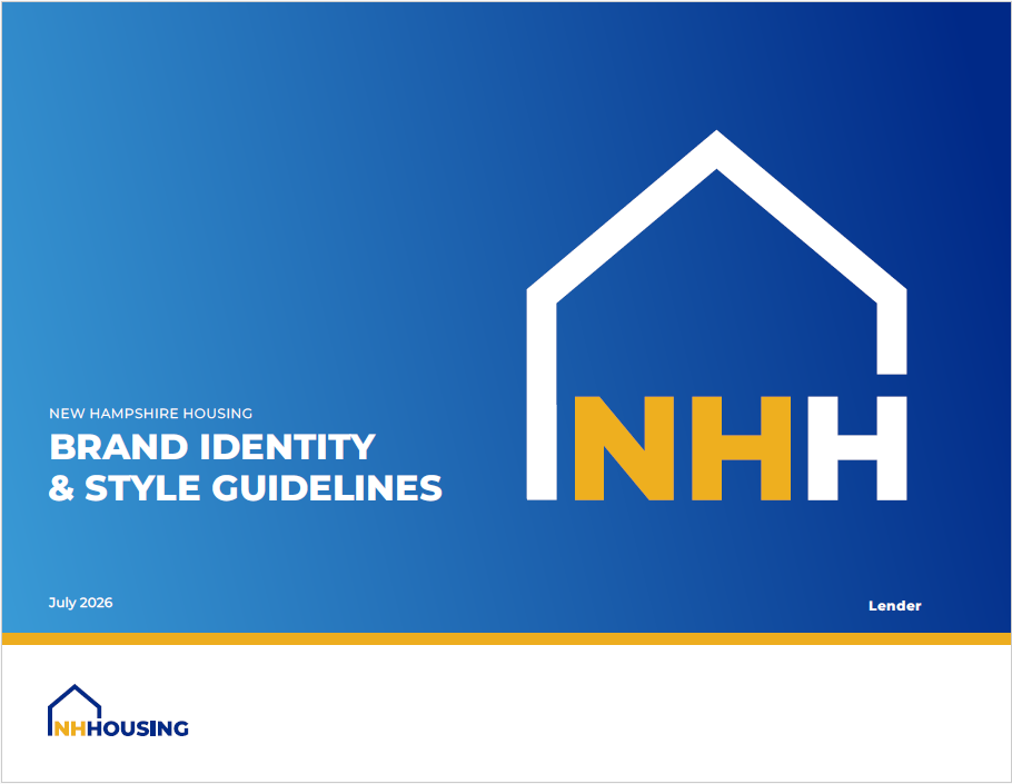 Cover page of NH Housing’s Brand Identity & Style Guidelines, featuring a house outline and "NHH" logo on a blue gradient background, dated July 2026.