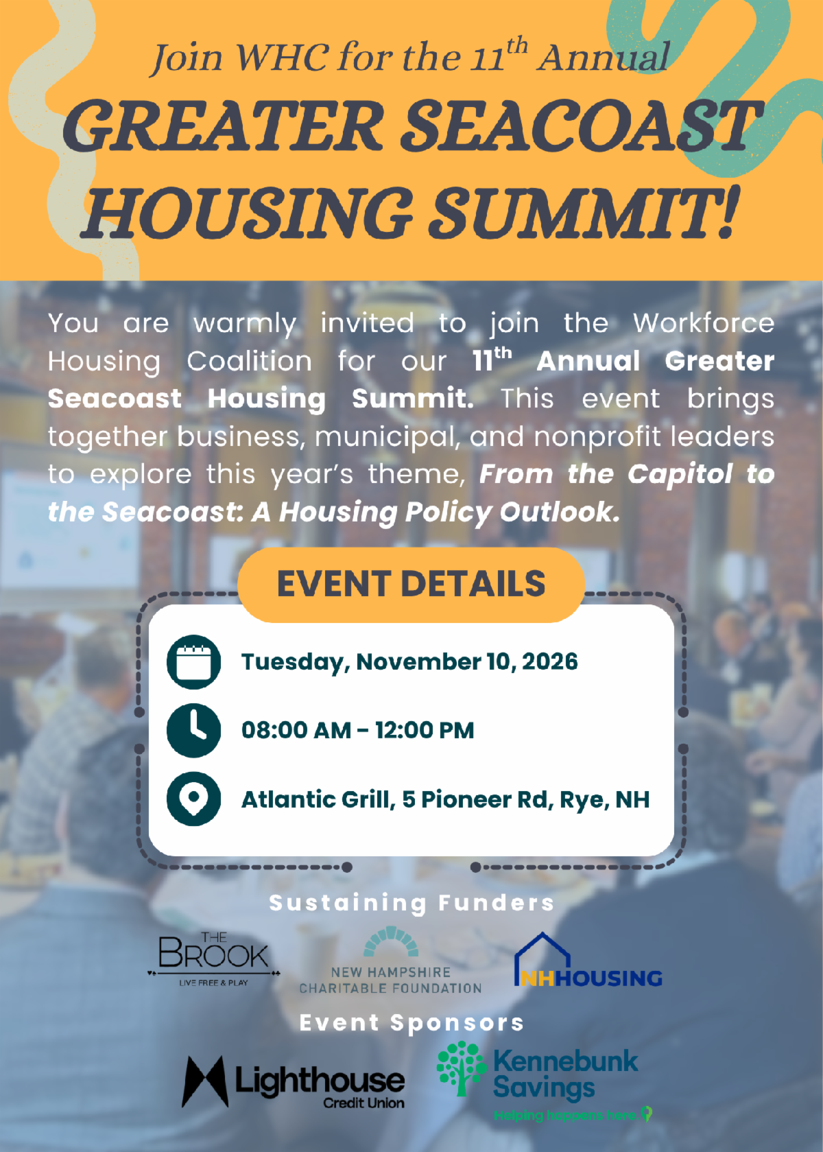 Event flyer for the 11th Annual Greater Seacoast Housing Summit, listing date, time, location, and sponsors, with a background of a seated audience.