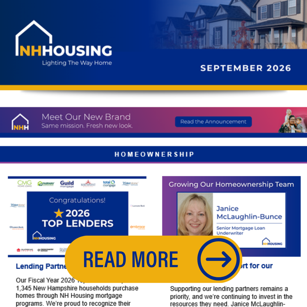 Screenshot of an NH Housing newsletter, September 2026, with homeownership updates, lender recognition, and introduction of a new team member. A “Read More” button is at the bottom.