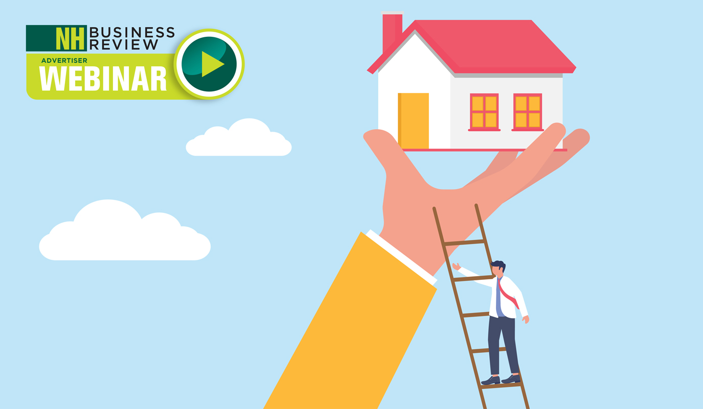 Illustration of a person climbing a ladder to reach a house held in a large hand, with a “NH Business Review Webinar” logo in the corner against a sky background with clouds.