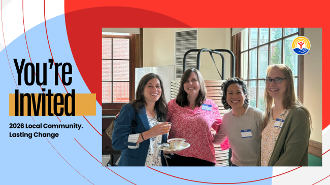 Four women stand together smiling at a community event, one holding a drink and plate. “You’re Invited” and the United Way logo are displayed on a colorful graphic background.