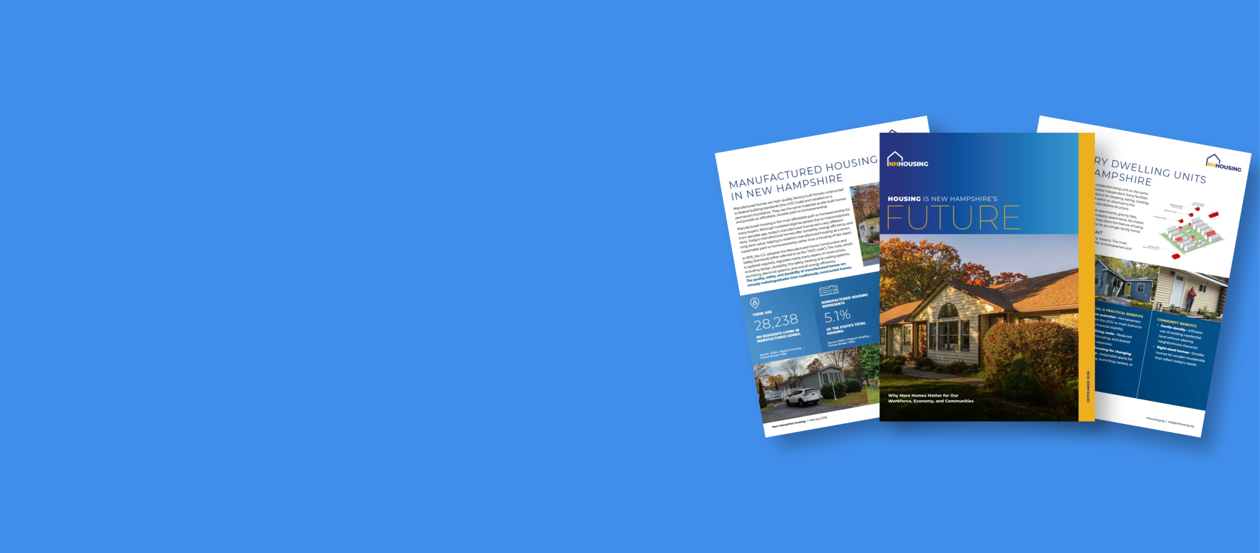 Three informational brochures about manufactured housing in New Hampshire stacked on a blue background.