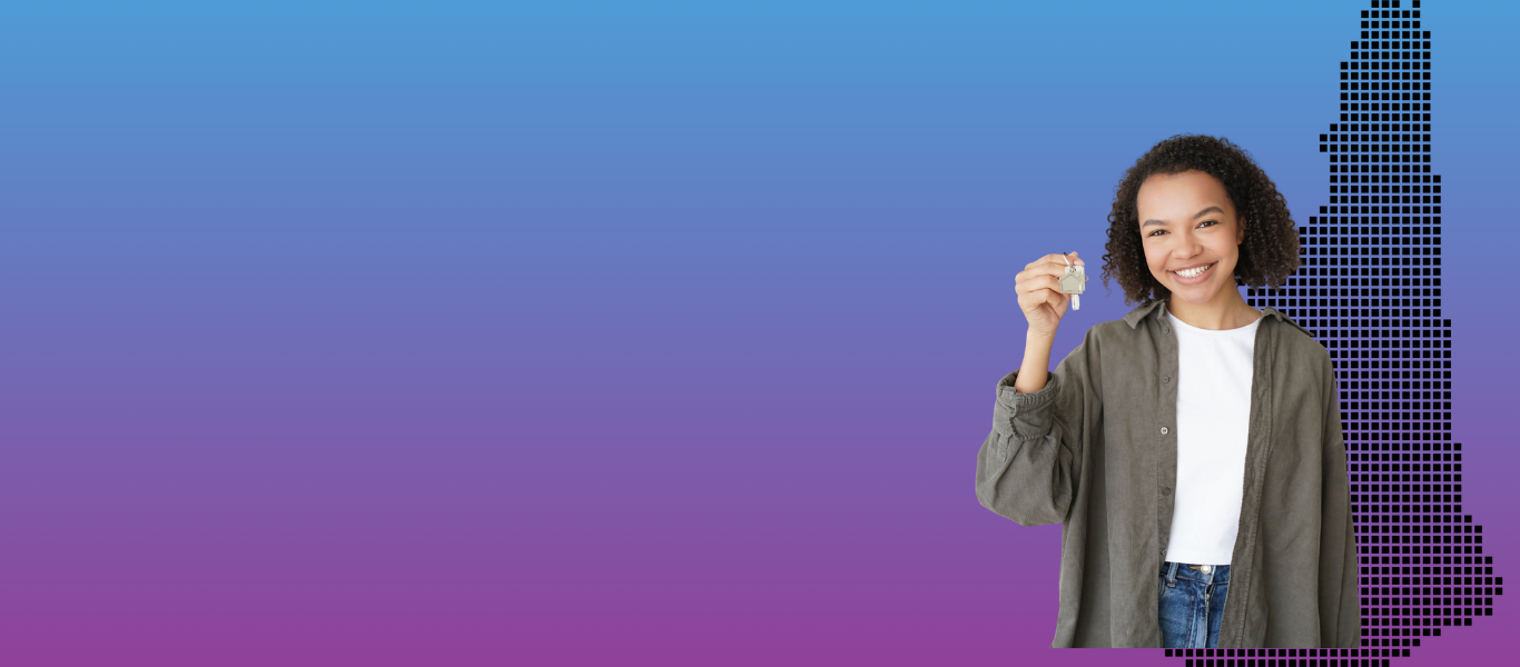A smiling woman holding up a house key in front of a blue and purple gradient background with a pixelated map of New Hampshire on the right.